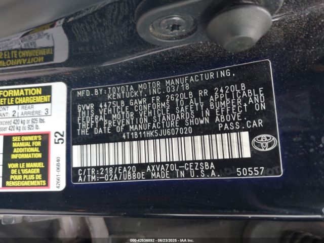2018 TOYOTA CAMRY 4T1B11HK5JU607020 Photo 8