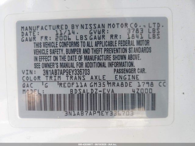 3N1AB7AP9EY336703 Nissan 2014