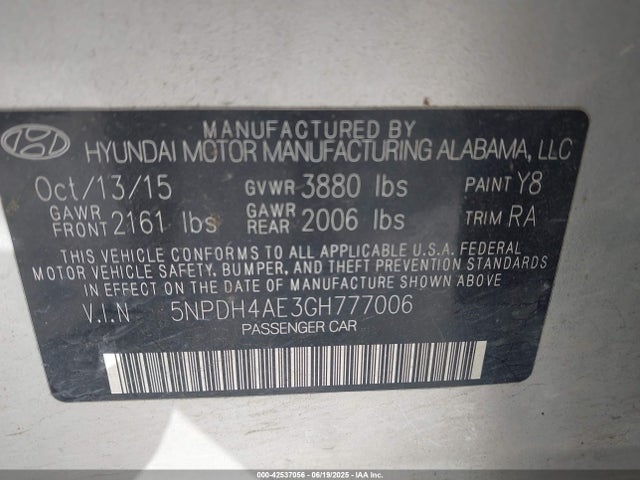 Hyundai dohc mpi nu 2016 5NPDH4AE3GH777006 Image 9