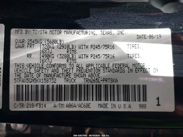 5TFAX5GN5KX158732 Toyota 2tr-fe