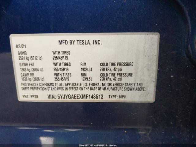 2021 TESLA MODEL Y 5YJYGAEEXMF148513 Photo 8