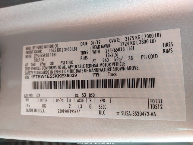Ford 5.0l 4v 2019 1FTEW1E55KKE36039 Image 9