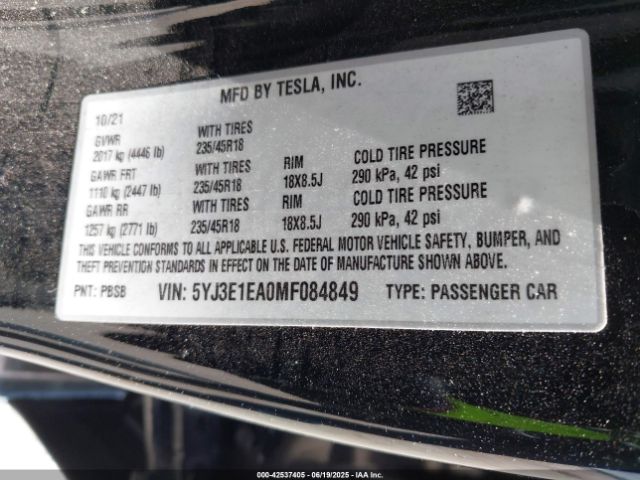 2021 TESLA MODEL 3 5YJ3E1EA0MF084849 Photo 8