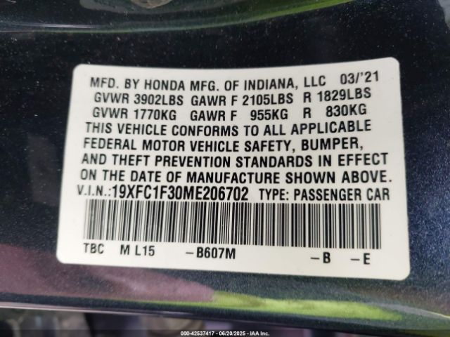 2021 HONDA CIVIC 19XFC1F30ME206702 Photo 8