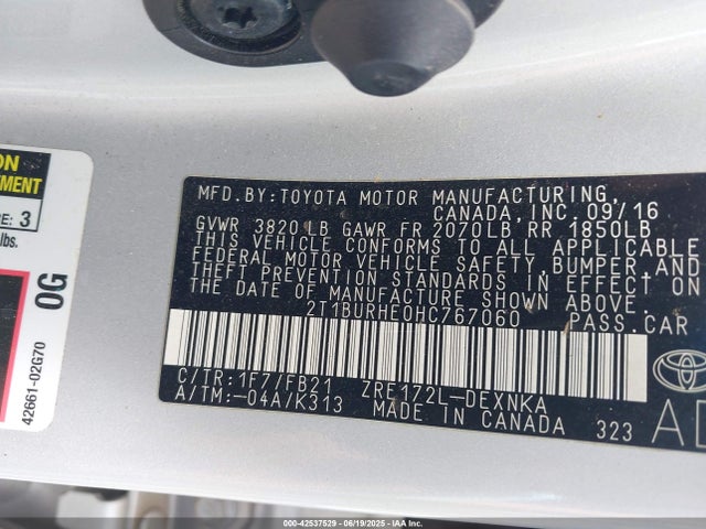 Toyota 2zr-fe 2017 2T1BURHE0HC767060 Image 9
