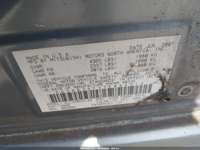 2007 MITSUBISHI GALANT 4A3AB36F47E084314 Photo 8