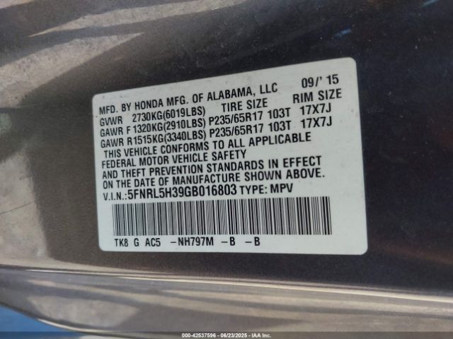 2016 HONDA ODYSSEY 5FNRL5H39GB016803 Photo 8
