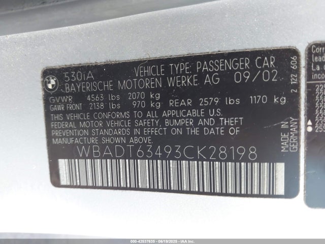 Продаж на аукціоні авто 2003 Bmw 530ia, vin: WBADT63493CK28198, номер лоту: 42537635