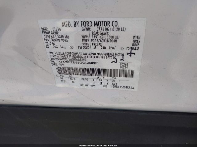2016 FORD EXPLORER 1FM5K7D83GGC04863 Photo 8