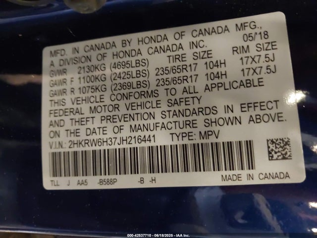 2HKRW6H37JH216441 Honda k24w9/k24v9