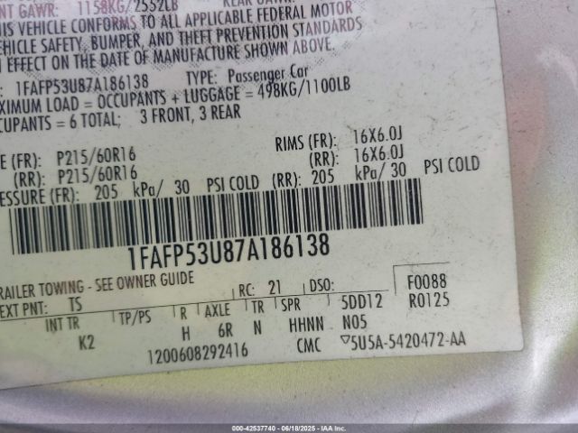 2007 FORD TAURUS 1FAFP53U87A186138 Photo 8