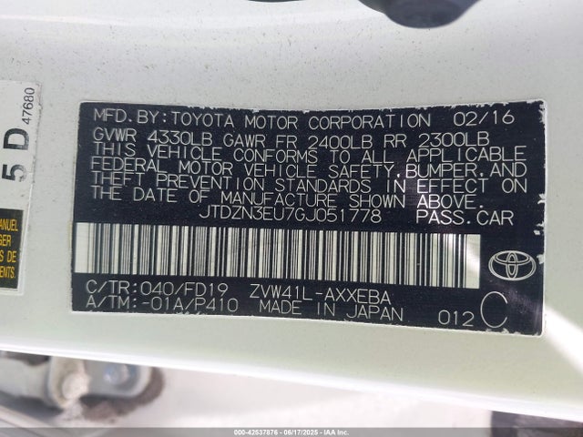 JTDZN3EU7GJ051778 Toyota 2zr-fxe, 5jm