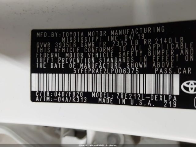 5YFEPRAE2LP006375 Toyota 2zr-fae
