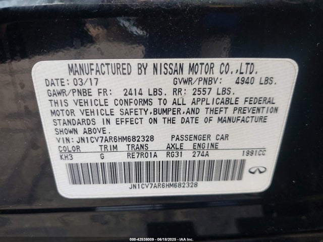 Продажа на аукционе авто 2017 Infiniti Q50 2.0t Premium, vin: JN1CV7AR6HM682328, номер лота: 42538009