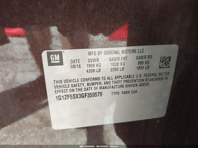 1G1ZF5SX3GF359579 Chevrolet ltg - sidi, alum dohc, vvt, dcvcp turbo, e0-e100, alum