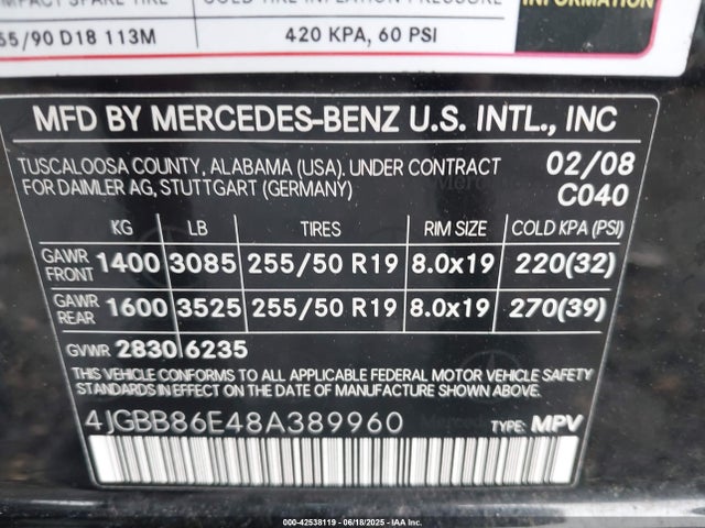 Продажа на аукционе авто 2008 Mercedes-benz Ml 350 4matic, vin: 4JGBB86E48A389960, номер лота: 42538119