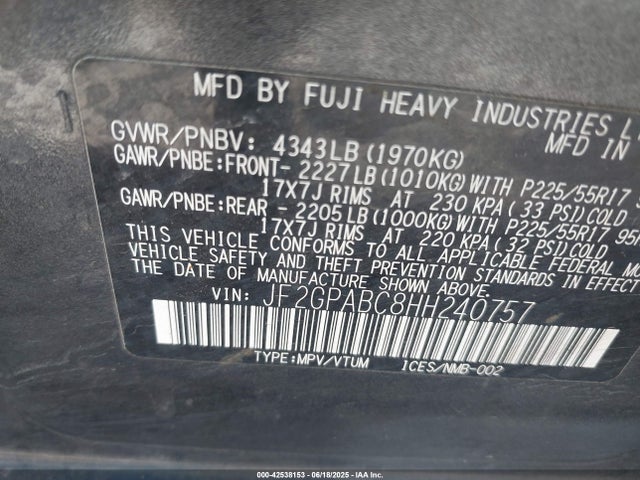 Subaru naturally aspirated 2017 JF2GPABC8HH240757 Image 9