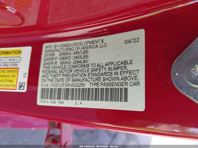 1HGCV3F24NA022269 Honda lfb2