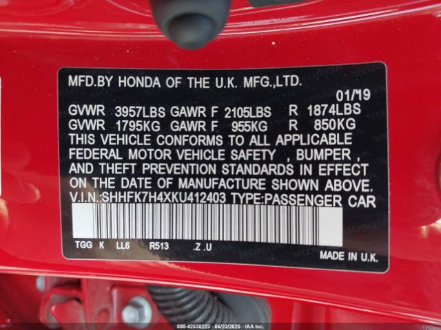 2019 HONDA CIVIC SHHFK7H4XKU412403 Photo 8