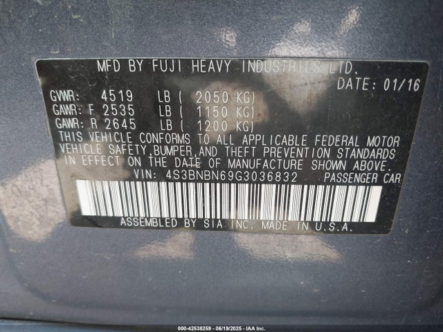 Subaru 2.5l u6 2016 4S3BNBN69G3036832 Image 9