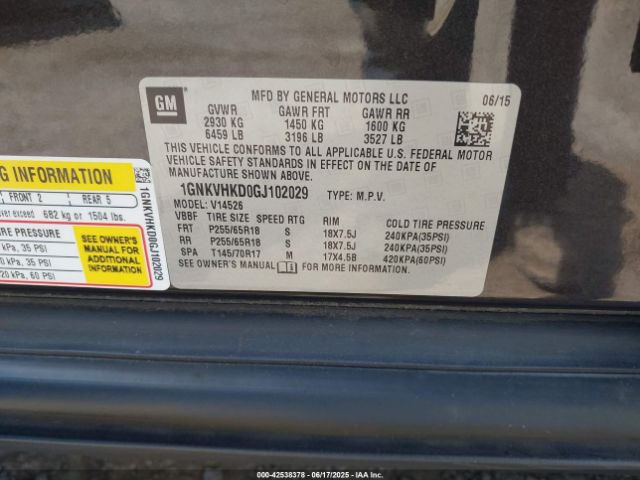 1GNKVHKD0GJ102029 Chevrolet llt - sidi, alum, 60 degrees