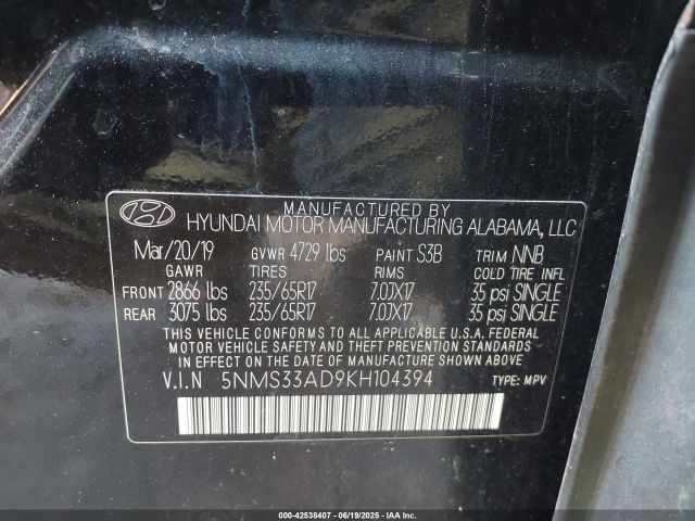 2019 HYUNDAI SANTA FE 5NMS33AD9KH104394 Photo 8