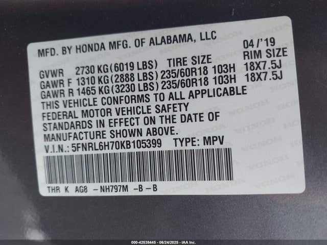 5FNRL6H70KB105399 Honda j35y7