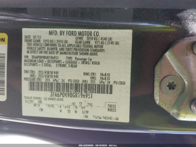 2016 FORD FUSION 3FA6P0K98GR196951 Photo 8