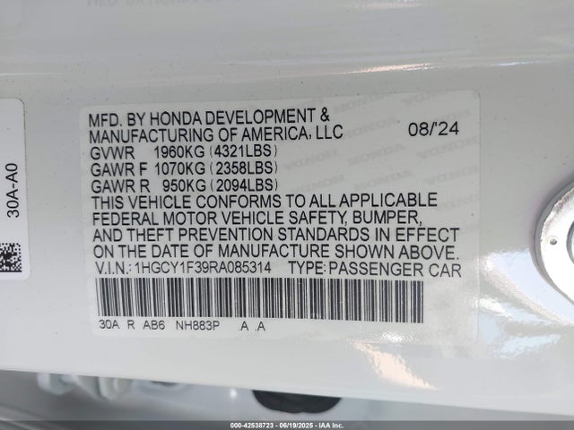 1HGCY1F39RA085314 Honda l15be