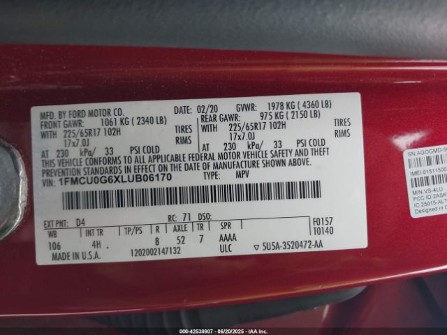 2020 FORD ESCAPE 1FMCU0G6XLUB06170 Photo 8