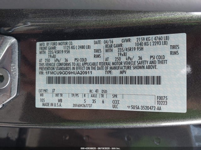 1FMCU9GD9HUA20911 Ford gtdi sigma w/premium fuel