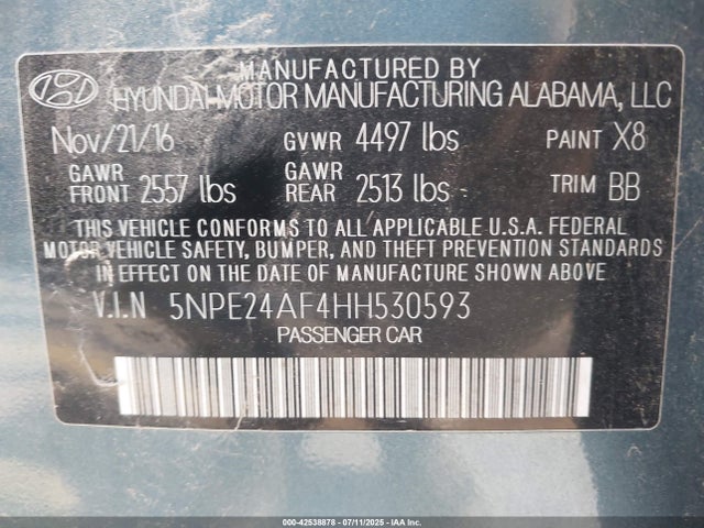 5NPE24AF4HH530593 Hyundai 2017