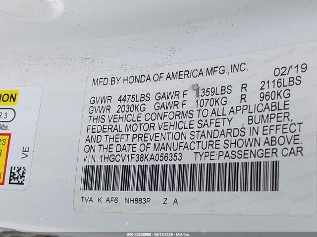 1HGCV1F38KA056353 Honda Accord Sport