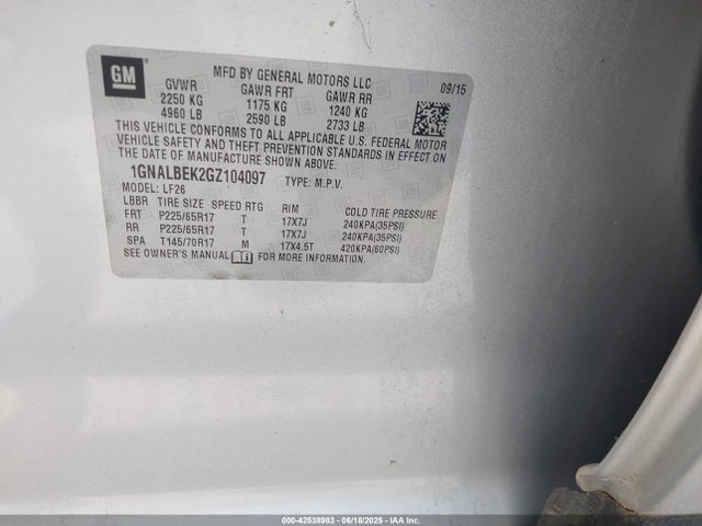1GNALBEK2GZ104097 Chevrolet lea - e85 max, aluminum