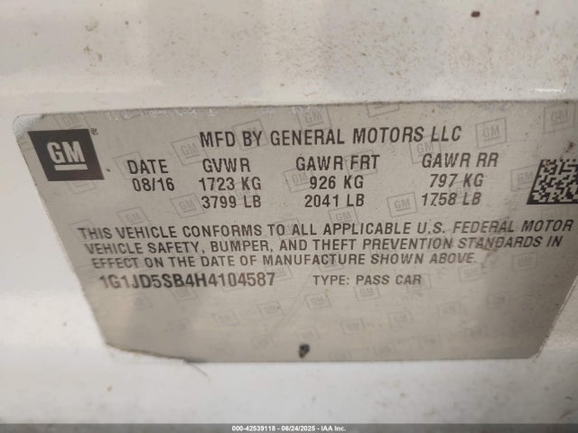1G1JD5SB4H4104587 Chevrolet luv - mfi, vvt: variable valve timing, alum, e85 max