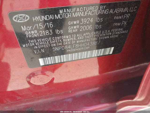 5NPD84LF8HH043887 Hyundai 2017
