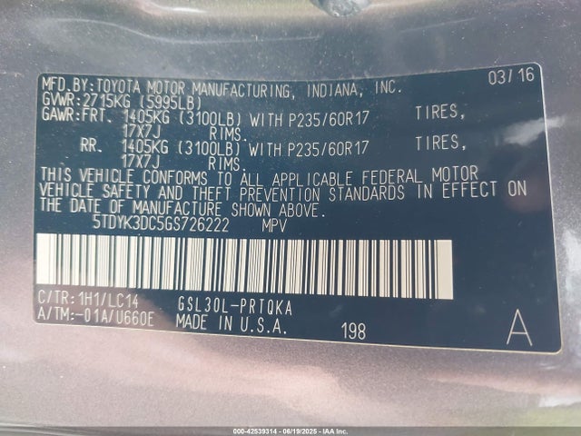 5TDYK3DC5GS726222 Toyota 2gr-fks