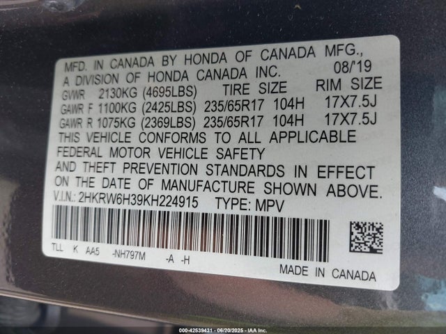 2HKRW6H39KH224915 Honda k24w9/k24v9