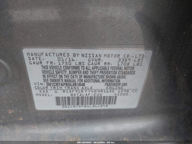 3N1CN7AP8GL861848 Nissan Versa