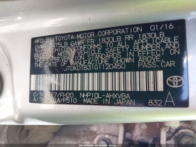 JTDKDTB31G1120450 Toyota 1nz-fxe+1lm