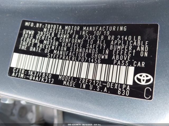 2020 TOYOTA COROLLA 5YFEPRAE8LP071456 Photo 8