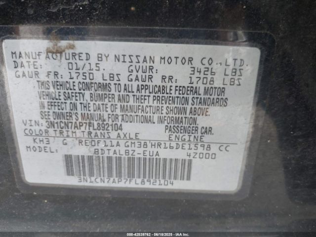 3N1CN7AP7FL892104 Nissan Versa