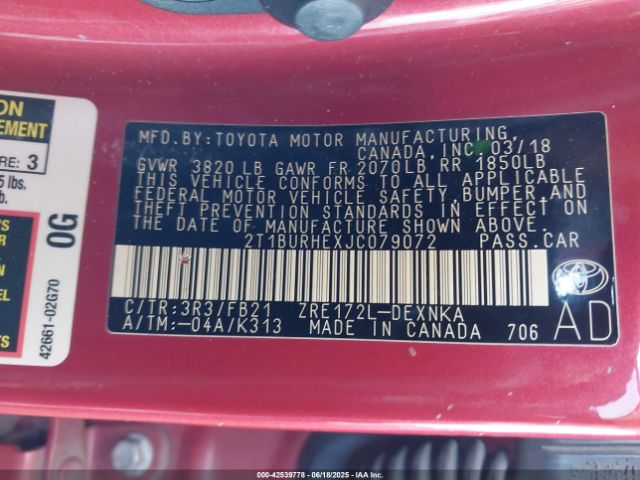 2T1BURHEXJC079072 Toyota 2zr-fe