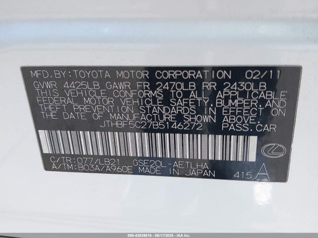 Aukcja sprzedaży 2011 Lexus Is 250, vin: JTHBF5C27B5146272, numer aukcji: 42539816