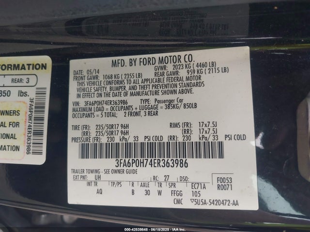 3FA6P0H74ER363986 Ford FUSION SE