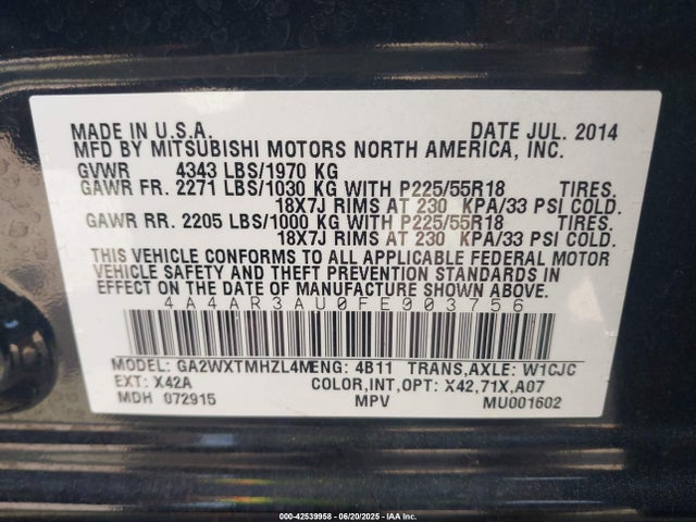 Mitsubishi dohc mivec 2015 4A4AR3AU0FE003756 Image 9