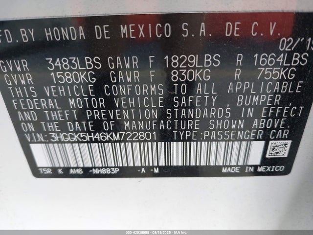 3HGGK5H46KM722801 Honda l15b1