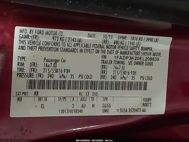 1FADP3K20EL208839 Ford 2014
