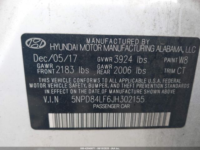 5NPD84LF6JH302155 Hyundai mpi nu