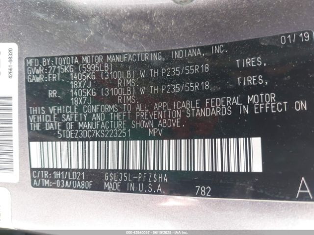 2019 TOYOTA SIENNA 5TDEZ3DC7KS223251 Photo 8